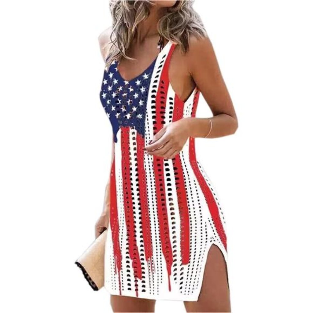 American Flag Dress Slit Crochet Sleeveless Tank Dress Swimwear Dresses